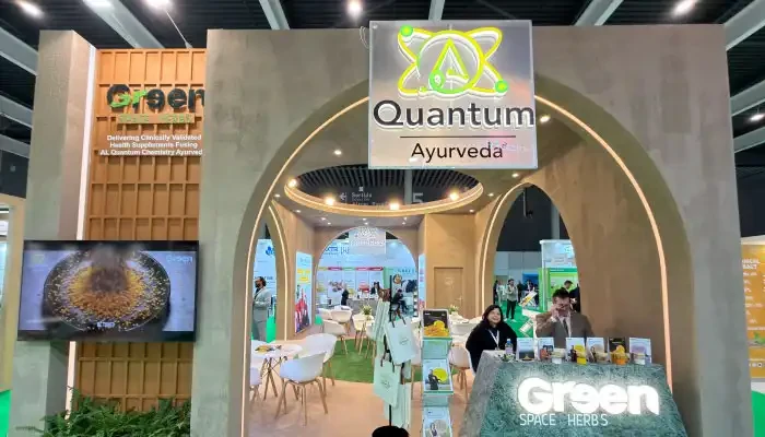 The Greenspace Herbs counter under the Quantum Ayurveda arch at Vitafoods Europe 2026