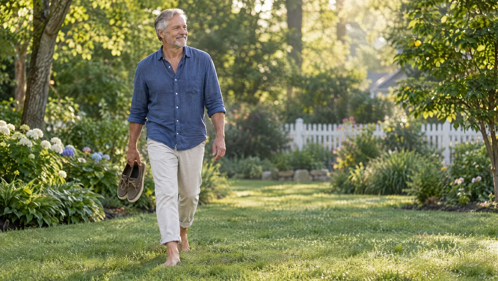 A man walking barefoot across a garden lawn
