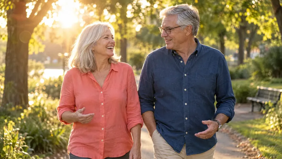 A couple laughing together on a garden path