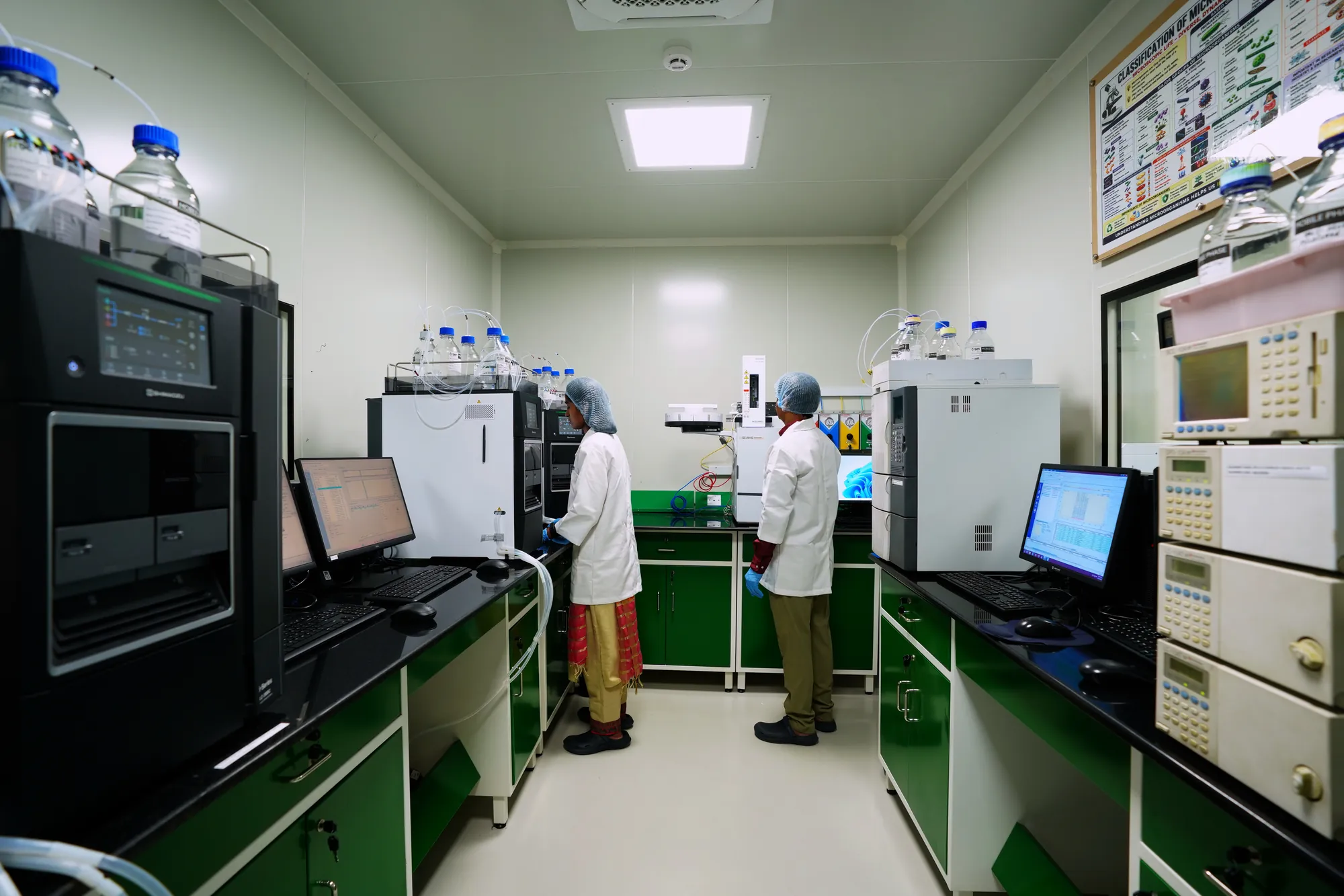 HPLC systems lining both benches of the quality control instrument room, two analysts at work