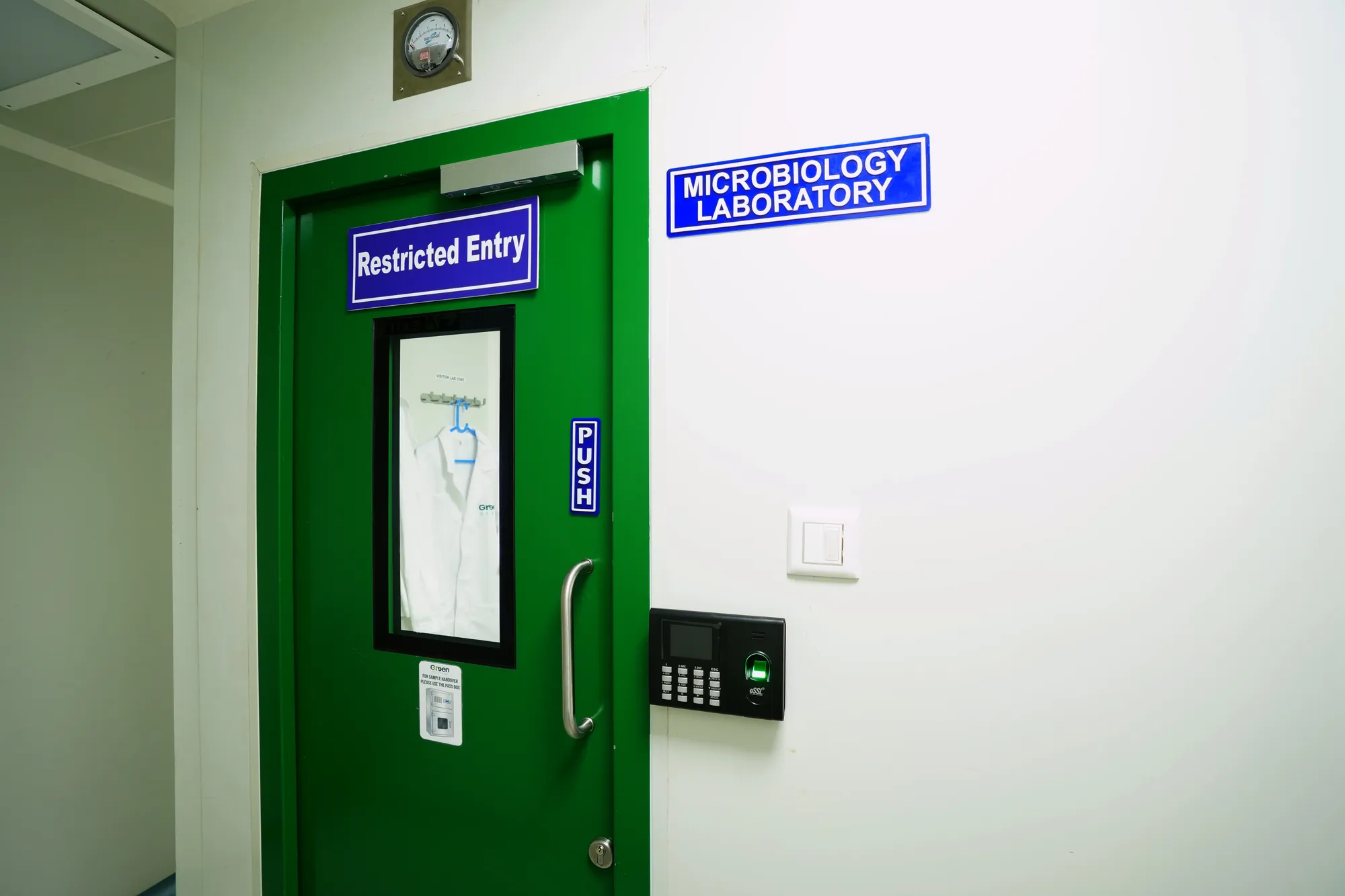 The restricted-entry door of the microbiology laboratory