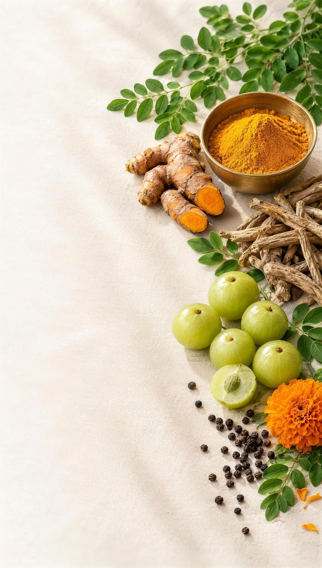 Moringa leaves, turmeric, Amla and ashwagandha root laid out on cream stone