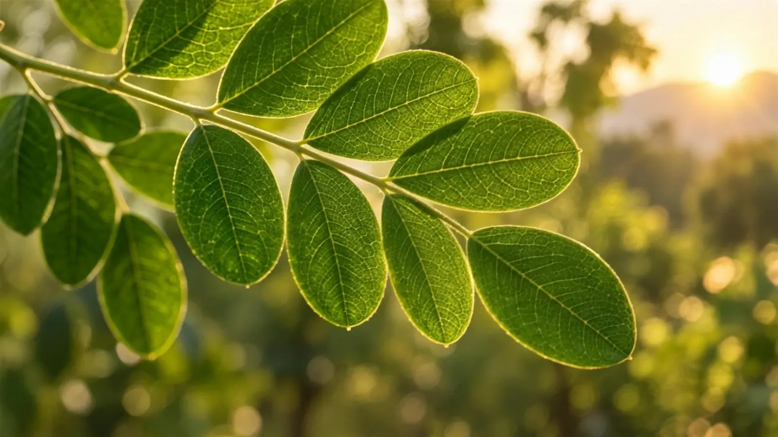 Moringa leaflets backlit by the evening sun