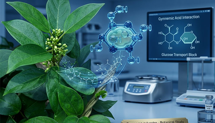 Close-up of a green plant in a laboratory, with a floating molecular model and a monitor showing 'Gymnemic Acid Interaction' and 'Glucose Transport Block' in a botanical research setting.