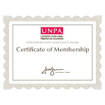 Certificate of Membership featuring the UNPA logo and decorative border, with a signature line at the bottom.