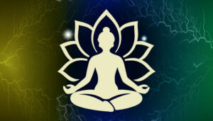 Silhouette of a person in lotus pose centered within a stylized lotus mandala on a gradient colorful background, conveying meditation and mindfulness.
