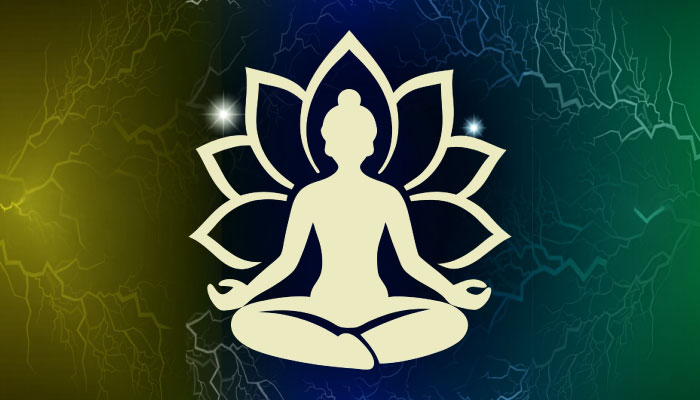 Silhouette of a person in lotus pose centered within a stylized lotus mandala on a gradient colorful background, conveying meditation and mindfulness.