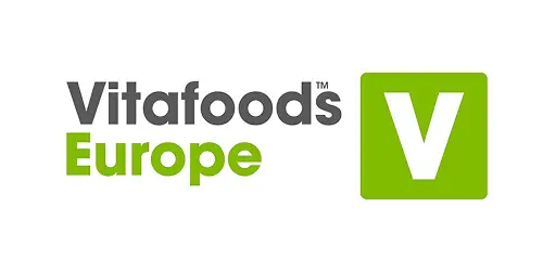 Vitafoods Europe logo: the brand name on the left and a green square with a white V on the right.