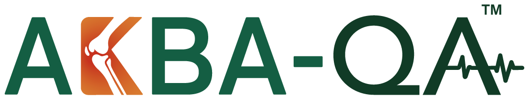 AKBA-QA logo in green text with an orange square containing a stylized knee joint illustration (TM).