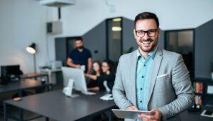 Professional man in a light gray blazer and teal shirt smiles while holding a tablet in a bright, open-plan office; coworkers work at a desk in the background.