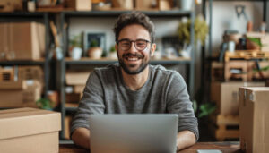 A man with glasses and a gray sweater sits at a table using a laptop in a storage workshop with boxes around him.