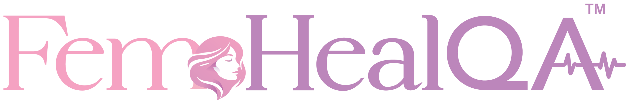 FemHealthQA logo in a pink-to-purple gradient with a stylized female profile forming a heart between 'Fem' and 'Health' and a heartbeat line at the end (brand mark).
