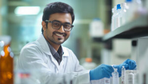 Smiling male scientist in a white lab coat and blue gloves arranging bottles at a lab bench.