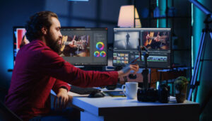 Bearded man editing video on dual monitors in a dimly lit studio with cameras and gear around the desk.