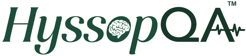 HyssopQA logo with a brain icon inside the O and a heartbeat line at the end