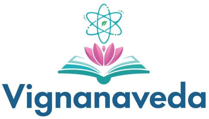 Logo for Vignanaveda: teal open book with a pink lotus above and an atom symbol above, followed by the blue wordmark 'Vignanaveda'.