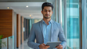 Professional man in a light blue blazer holding a tablet in a bright modern office hallway.
