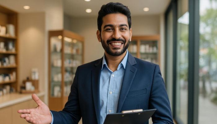 Smiling man in a navy blazer holds a clipboard and gestures warmly in a bright office lobby.