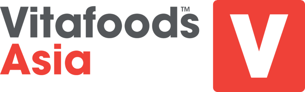 Vitafoods Asia logo with gray 'Vitafoods' text, red 'Asia' text, and a large black V on a red rounded-square background