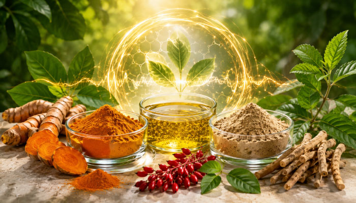 Assortment of ground spices and roots (turmeric, chili, and brown powders) arranged around a small glass bowl of oil, with fresh green leaves and a glowing golden energy ring in the background.